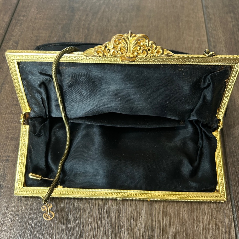 Vintage Petit Point Floral Evening Bag | Black Satin Gold Ornate Frame - Picture 3 of 4